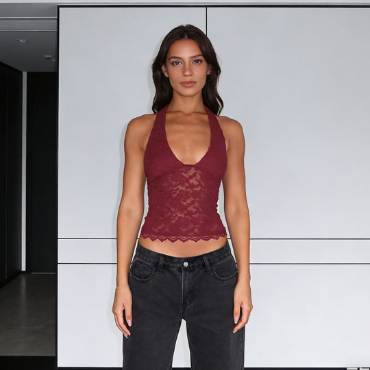 Damen Elegantes Spitzen-Crop-Top mit tiefem V-Ausschnitt und halter Design R&B