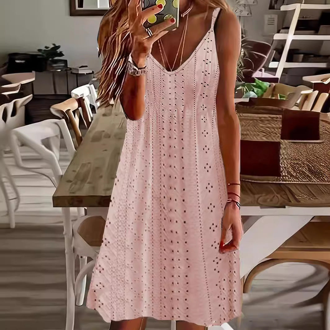Damen Ärmelloses Sommerkleid mit dekorativem Lochmuster und V-Ausschnitt R&B
