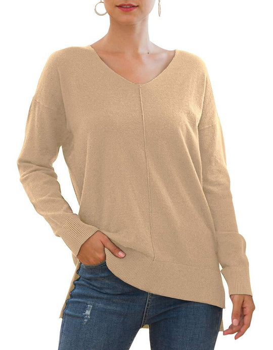 Damen eleganter V-Ausschnitt Pullover mit asymmetrischem Saum R&B