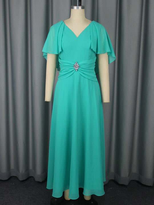 Damen elegantes Maxi-Kleid mit schickem Faltendesign und glamouröser Brosche R&B