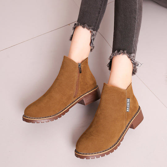 Damen nan knöchelhohe Velourslederimitat-Stiefelette mit robuster Traktorsohle und Komfortabsatz R&B