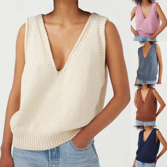 Damen stylischer Stricktop mit tiefem V-Ausschnitt und breiten Trägern R&B