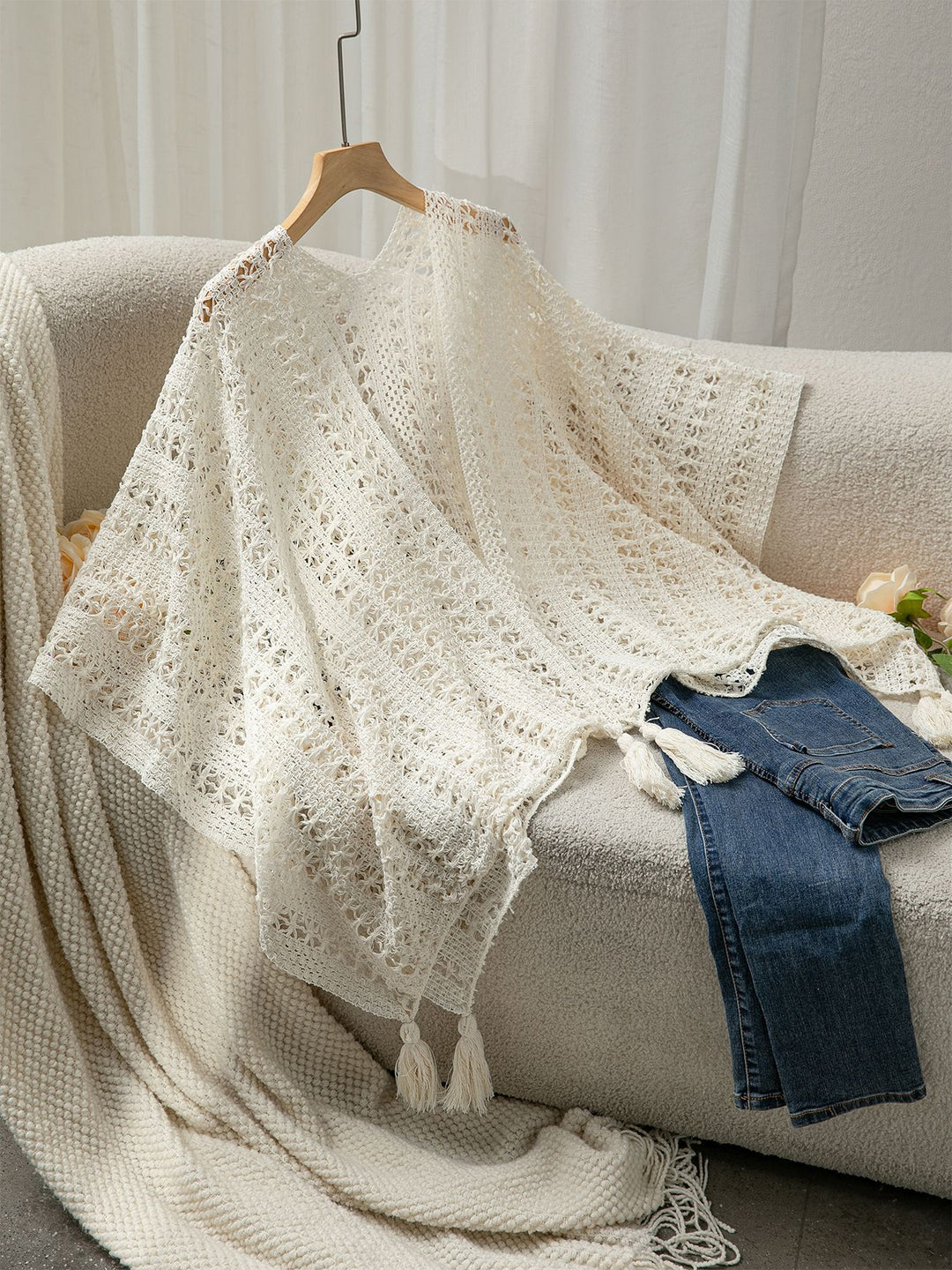 Damen luftiger Strickponcho mit Fransen R&B