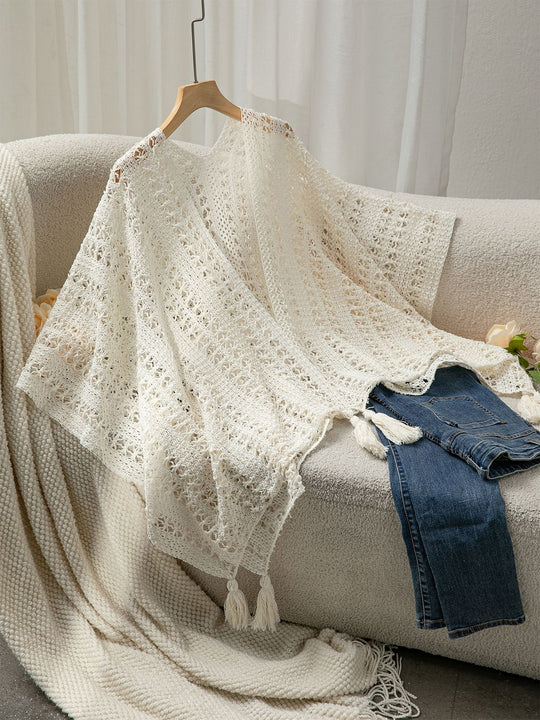 Damen luftiger Strickponcho mit Fransen R&B