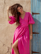 Damen Lässiges Leinenkleid mit Ballonärmeln und Tailliertem Gürtel R&B