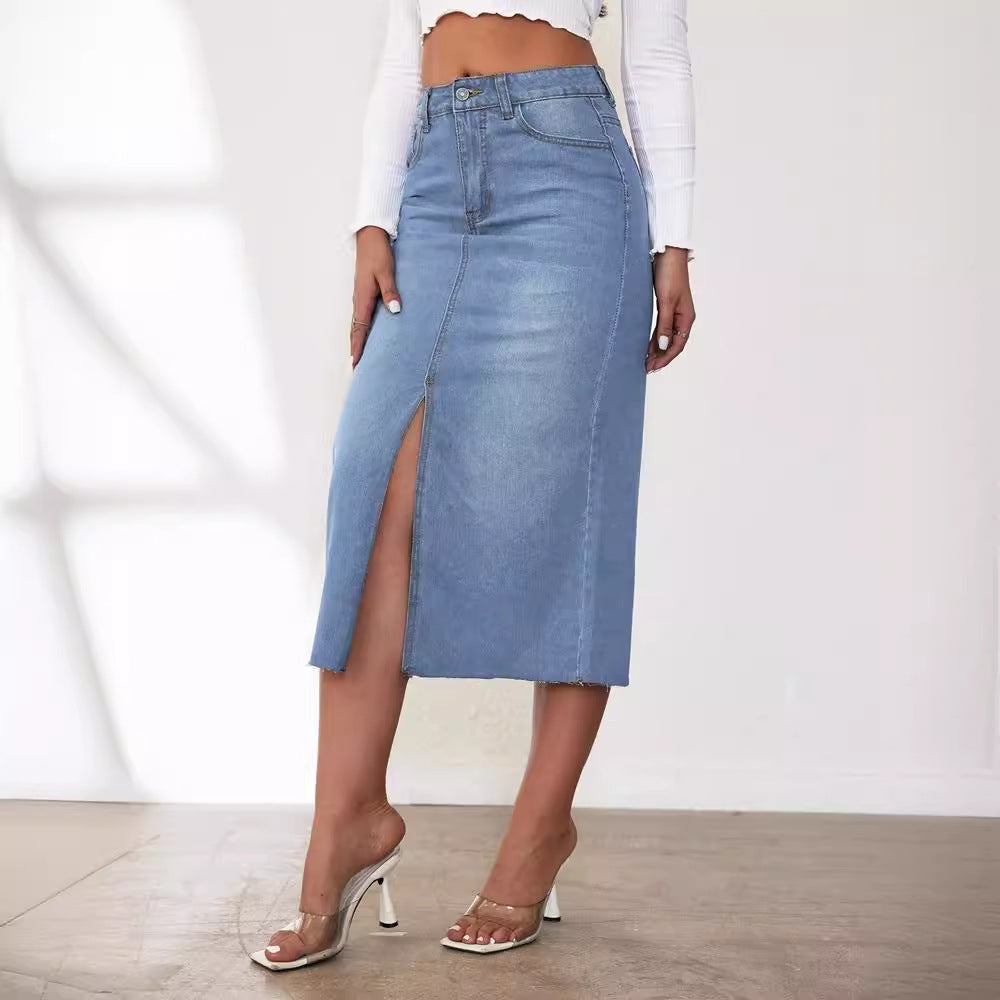 Damen Jeansrock mit hoher Taille und seitlichem Schlitz R&B
