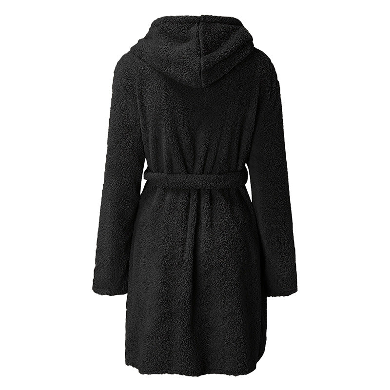 Damen Kuscheliger Fleece-Bademantel mit Kapuze und praktischen Taschen R&B