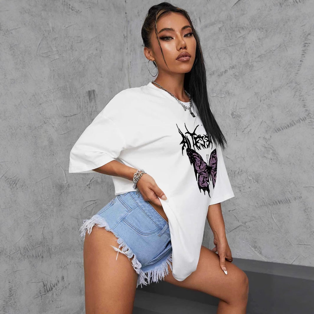 Damen oversized T-Shirt mit kreativem Schmetterlingsdesign R&B