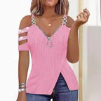 Damen Trendy Off-Shoulder Top mit Reißverschluss und Designer-Riemen R&B