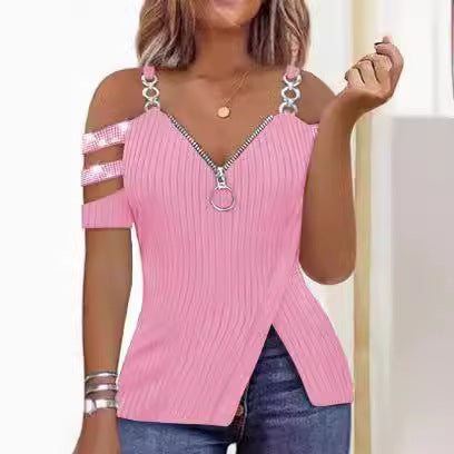 Damen Trendy Off-Shoulder Top mit Reißverschluss und Designer-Riemen R&B