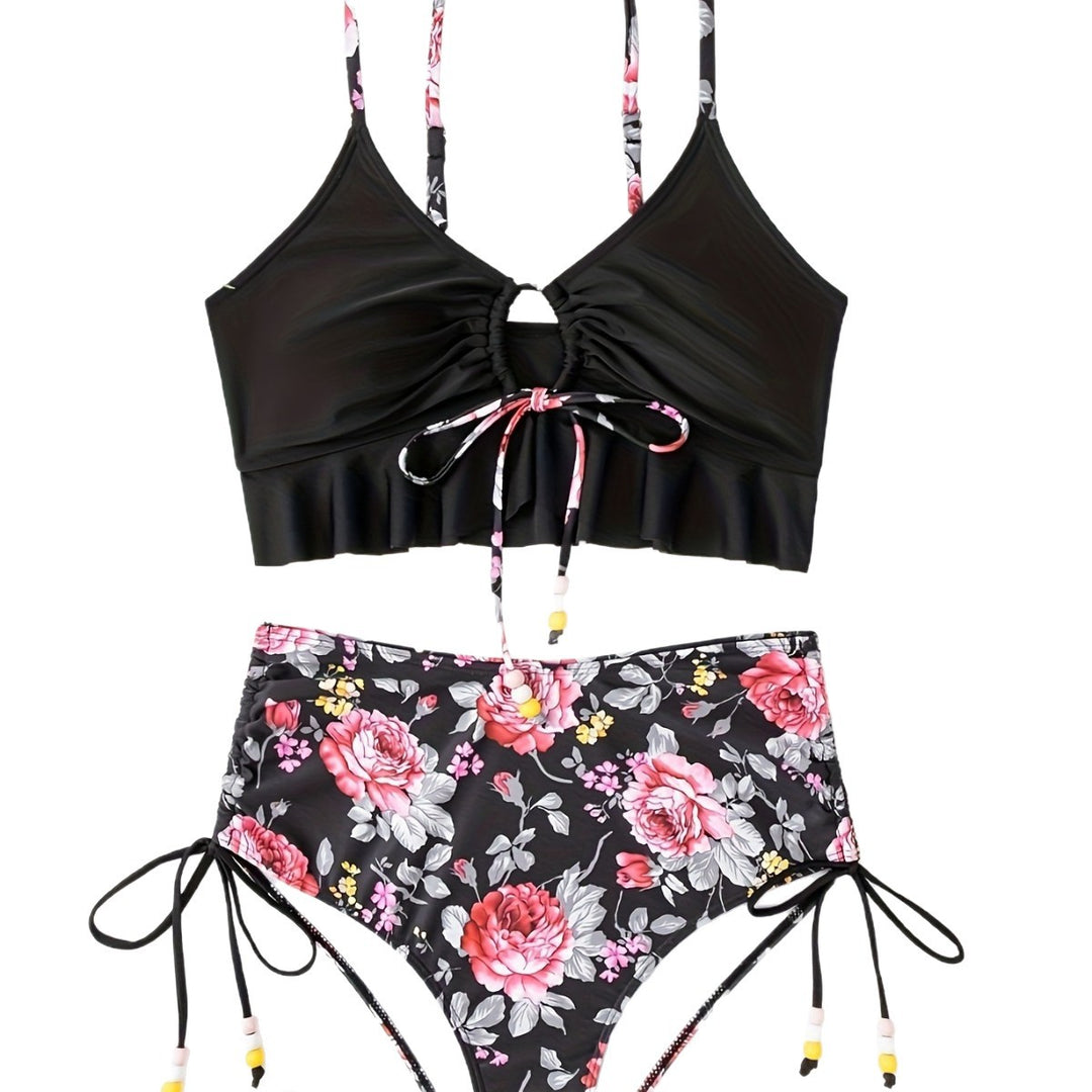 Damen Bikini-Set mit verspieltem Blumenmuster und seitlichem Bindeband R&B
