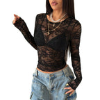 Damen nan tailliertes transparentes Spitzen-Longsleeve mit floralem Ajourmuster und Stretch R&B