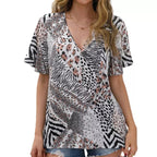 Damen Kurzarm Blusenshirt mit kreativem Tiermuster und V-Ausschnitt R&B