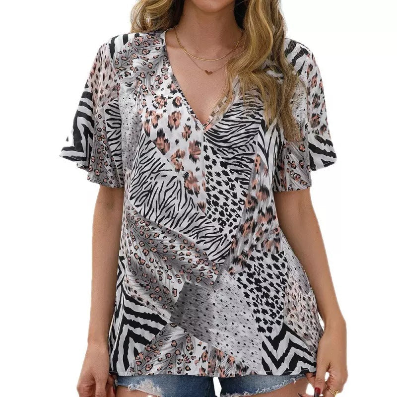 Damen Kurzarm Blusenshirt mit kreativem Tiermuster und V-Ausschnitt R&B