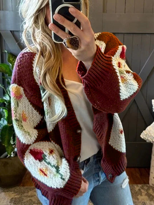 Damen Strickjacke mit floralem Muster und dekorativem Knopfdesign R&B