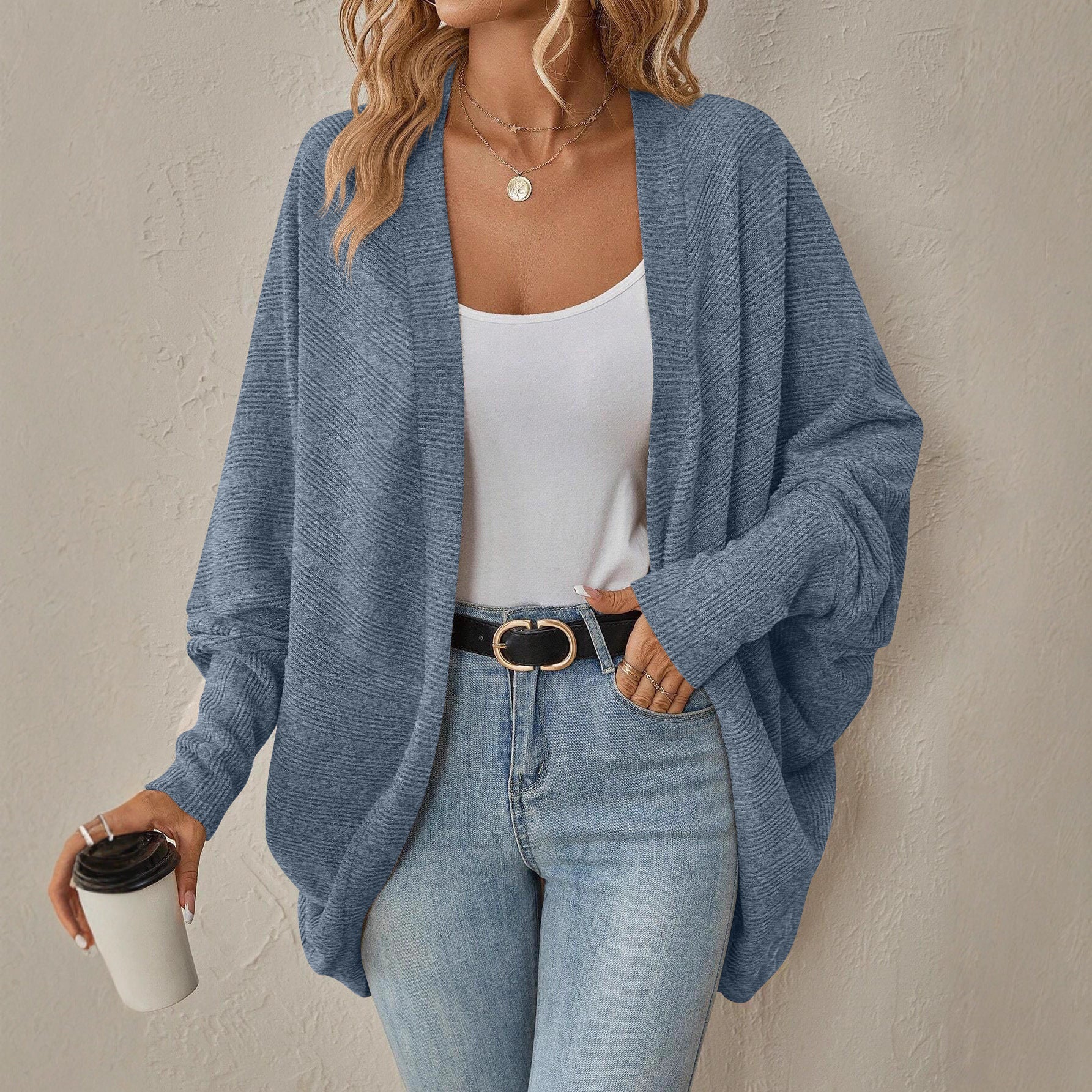 Damen lässiger Strickcardigan mit überschnittenen Schultern und weitem Schnitt R&B