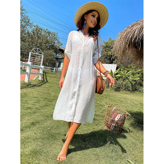 Damen lässiges Sommerkleid mit durchgehender Knopfleiste und seitlichen Taschen R&B