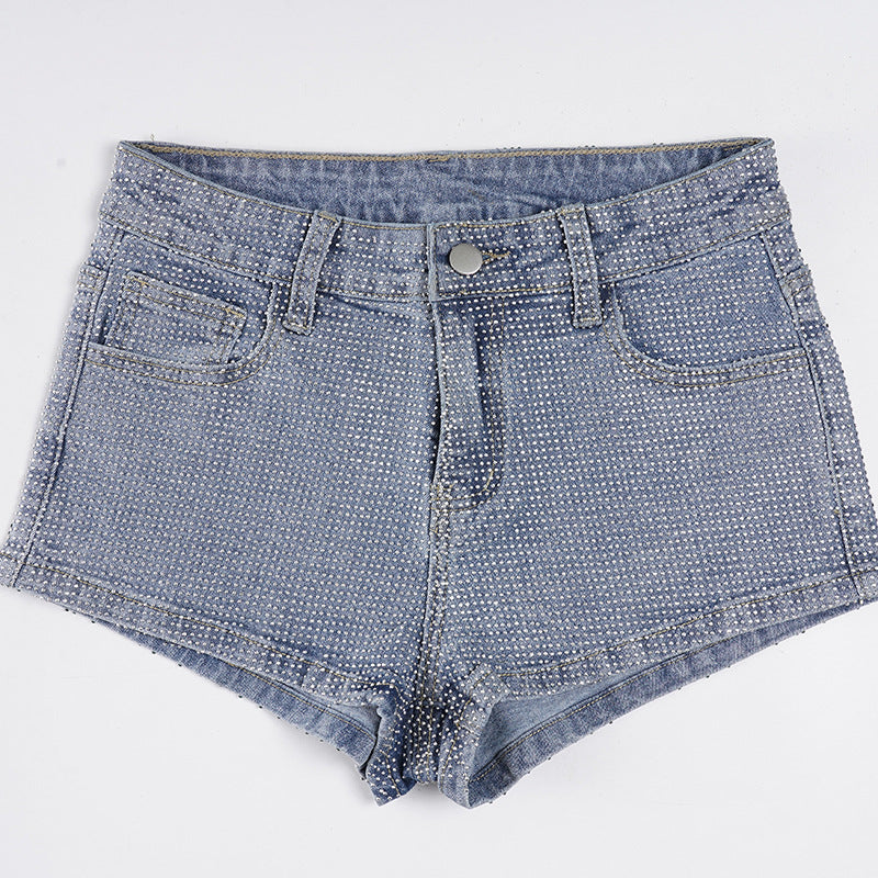 Damen Glitzernde Denim-Shorts mit dekorativen Strasssteinen R&B