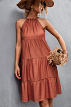 Damen Lässiges Sommerkleid mit hochgeschlossenem Kragen und voluminösem Rock R&B