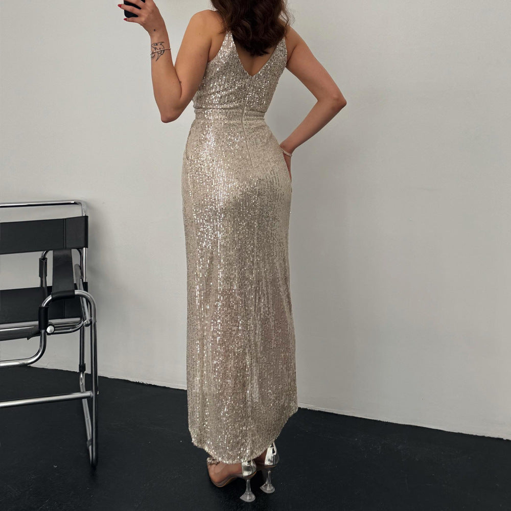 Damen Elegant Funktionskleid mit schimmerndem Paillettenstoff und tiefem V-Ausschnitt R&B