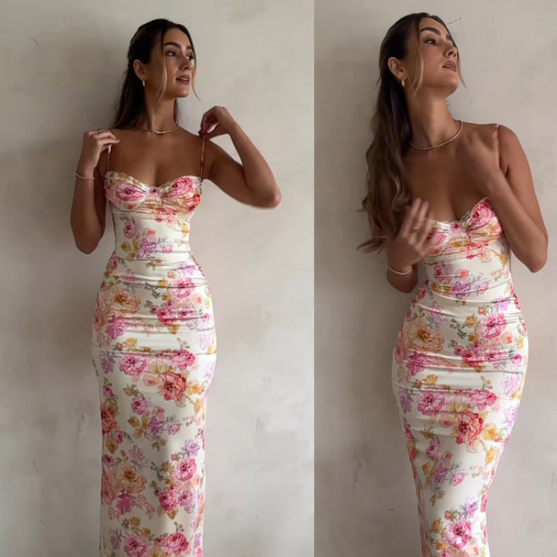 Damen figurbetontes Maxikleid mit floralem Design und elegantem V-Ausschnitt R&B