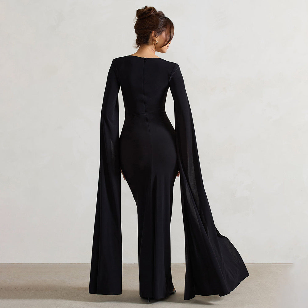 Damen Elegantes Maxikleid mit abnehmbarem Cape und seitlichem Schlitz R&B