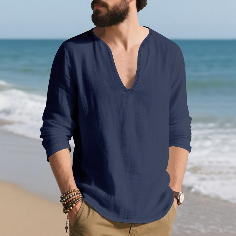 Herren lässiges Langarmshirt mit V-Ausschnitt aus hochwertigem Baumwollmix R&B