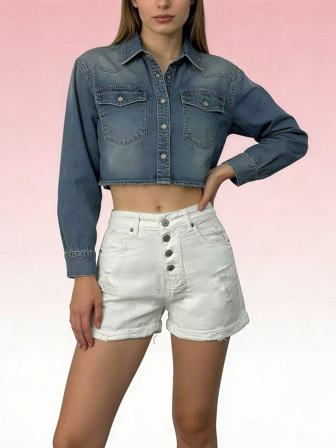 Damen cropped Denim-Jacke mit zwei Taschen R&B