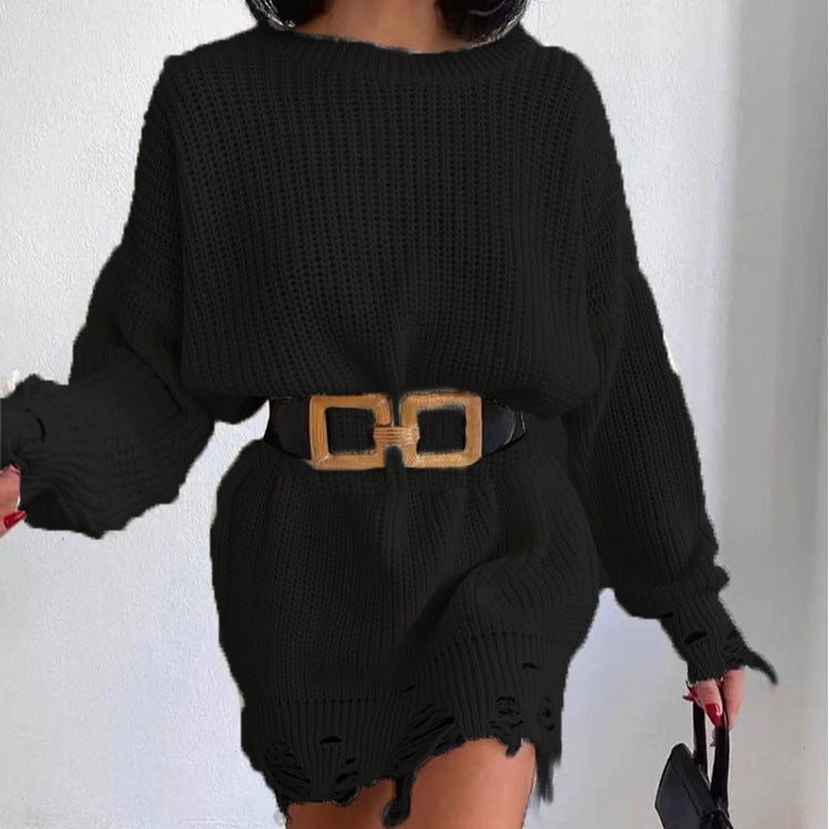 Damen Strickkleid mit asymmetrischem Saum und modischem Gürtel R&B