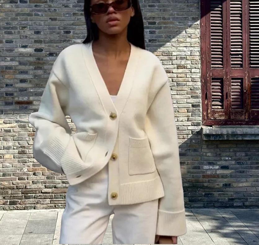 Damen Lässiger Strickjacke mit großen Taschen und offenem Schnitt R&B