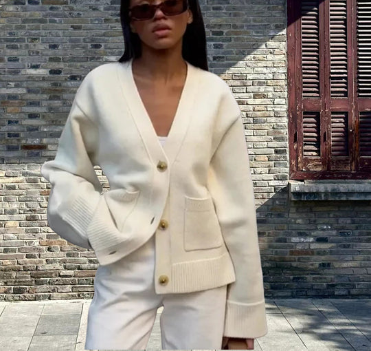 Damen Lässiger Strickjacke mit großen Taschen und offenem Schnitt R&B