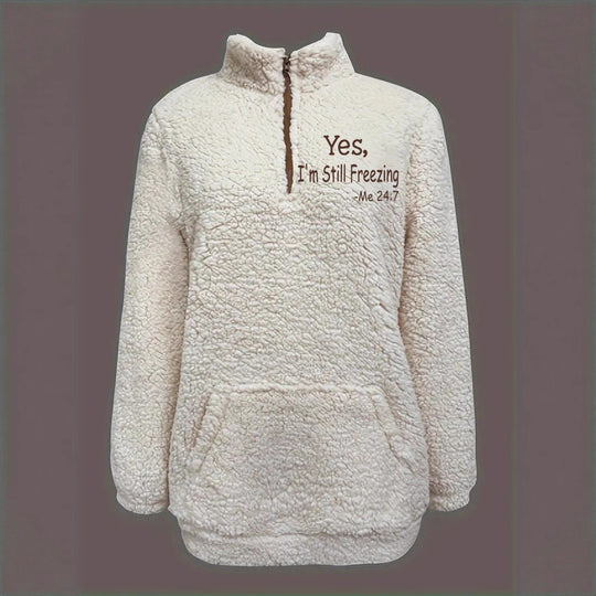 Damen kuscheliger Fleece-Pullover mit kurzem Reißverschluss und originellem Schriftzug R&B