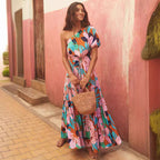 Damen Maxikleid mit asymmetrischem Schnitt und lR&Bhaftem Blattmuster R&B