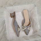 Damen elegante Mules mit perlenverziertem Schleifendetail