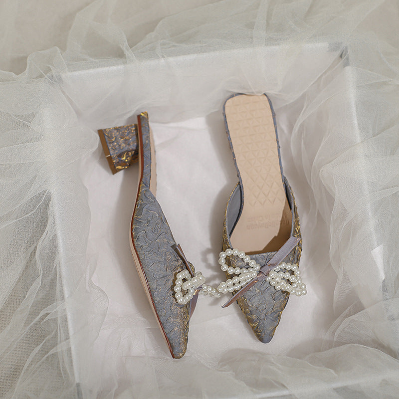 Damen elegante Mules mit perlenverziertem Schleifendetail