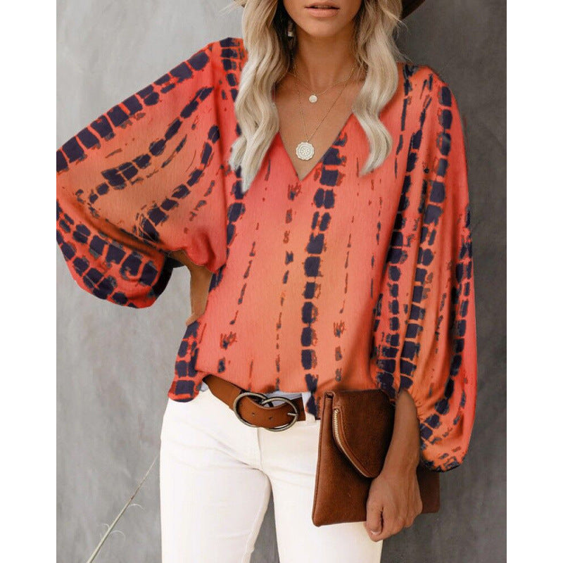 Damen Bluse mit weitem Puffärmel und eleganter V-Ausschnitt R&B