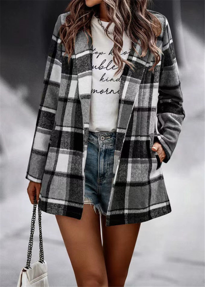 Damen trendige Wolljacke mit Karomuster R&B