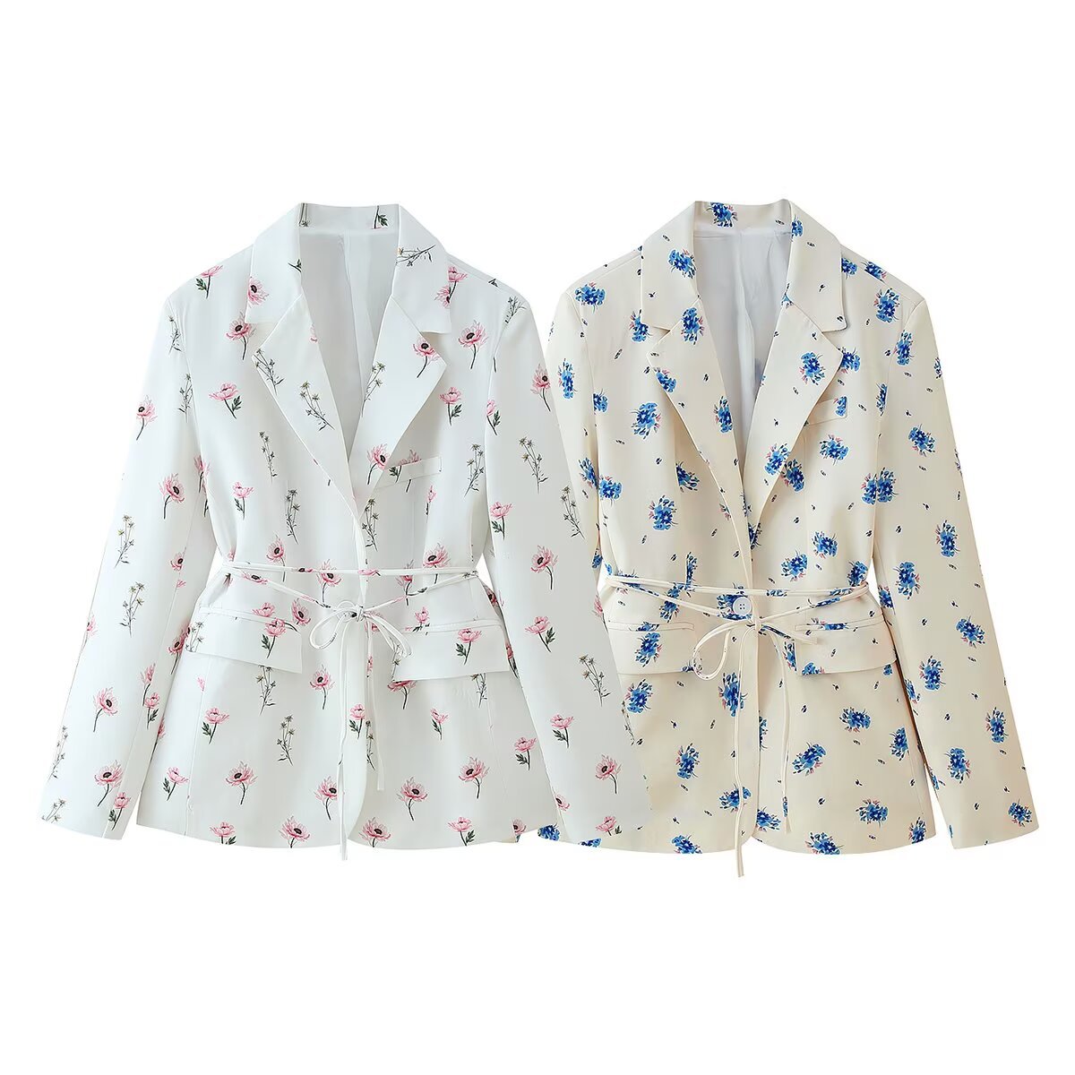 Damen modische Blazerjacke mit floralem Muster und Taillengürtel R&B