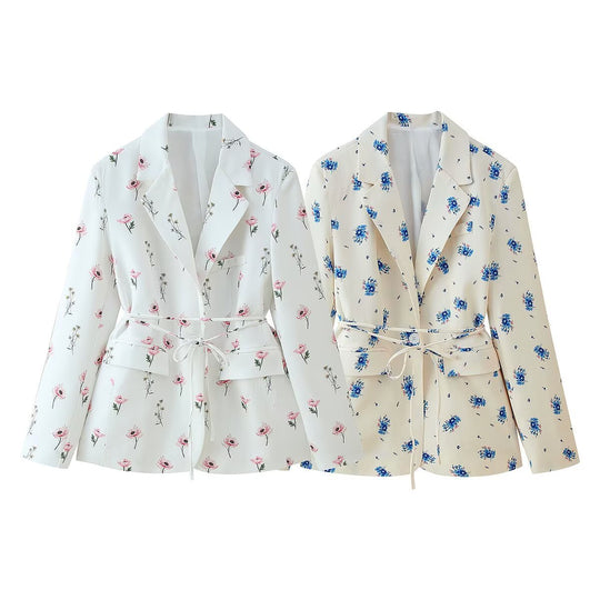 Damen modische Blazerjacke mit floralem Muster und Taillengürtel R&B