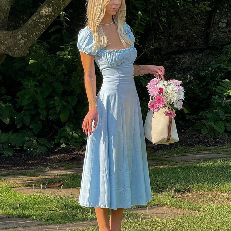 Damen Maxi-Kleid mit voluminösen Puffärmeln und elastischem Ausschnitt R&B