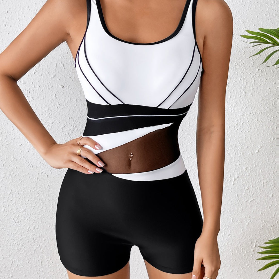 Damen Hochgeschlossener Sportbadeanzug mit modischem Netzdesign R&B