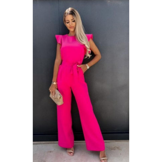 Frauen Fließender Weitbeiniger Jumpsuit mit Rüsche Ärmel R&B
