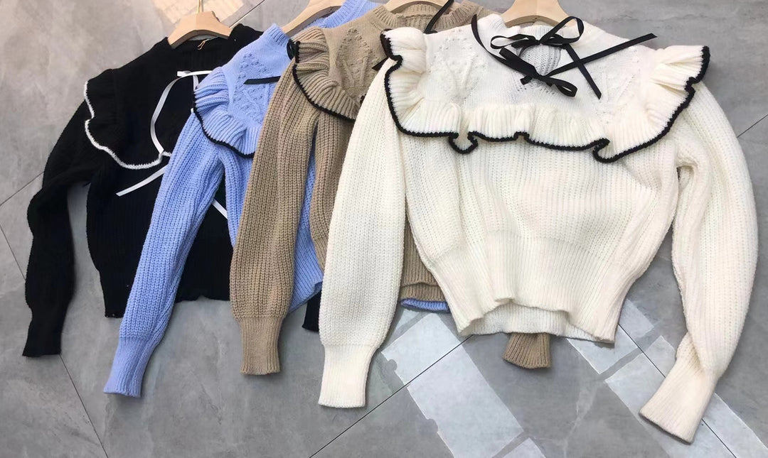 Damen Strickpullover mit eleganter Rüsche und Kapuze R&B