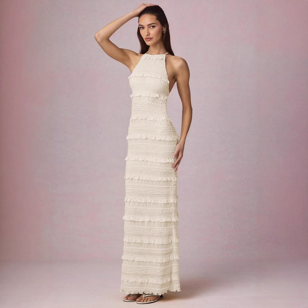 Damen Maxi-Kleid mit fransendem Design und elegantem Halterneck R&B