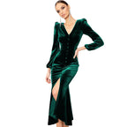 Damen Elegantes Samtkleid mit V-Ausschnitt und Puffärmeln R&B