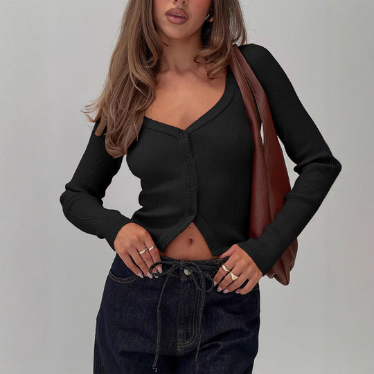 Damen Elegantes Ripp-Cardigan mit V-Ausschnitt und Knopfleiste R&B