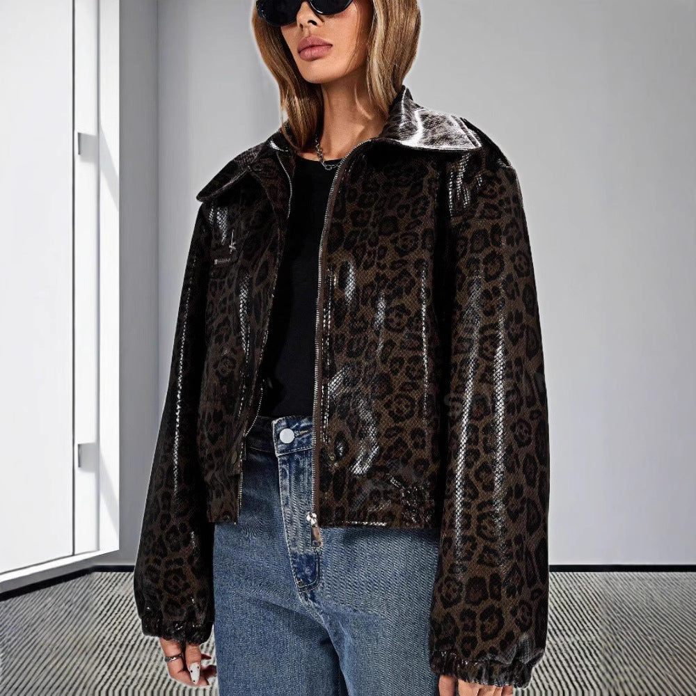 Damen Kunstleder Bikerjacke im Leo-Design R&B