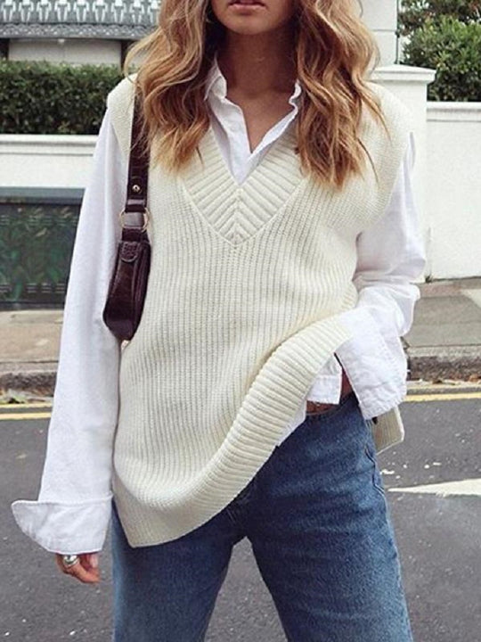 Damen Strickweste im modernen Oversized-Schnitt mit V-Ausschnitt R&B