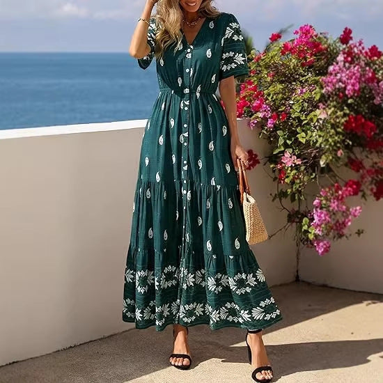 Damen Boho Maxikleid mit floralen Prints und Taillengürtel R&B