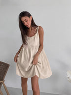 Damen lässiges Spaghettiträger-Kleid mit elastischem Bund und dekorativen Schleifen R&B